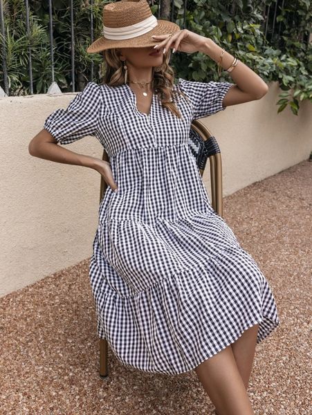 

gingham puff sleeve smock dress 79lr#, Black;gray