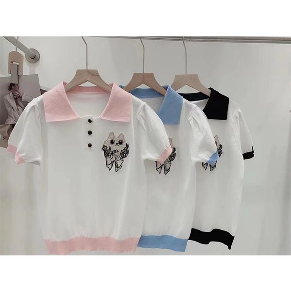 

501 2022 summer brand same style sweater lapel neck short sleeve fashion pullover pink blue womens clothes yingjie, White;black