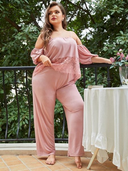 

plus contrast lace cold shoulder pajama set 25zc#, Black;white