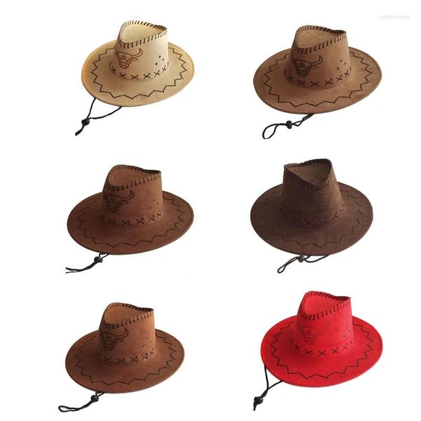 Berretti Moda Testa di bue Modello Cappello Fedora in feltro occidentale Cappello jazz da cowboy con tesa larga curva Berretti