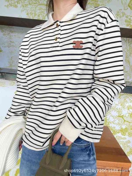 

women's t-shirt ce home spring and summer design sense of minority black white stripe t-shirt polo neck loose casual long sleeve 4t2j d