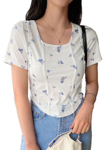 

dazy ditsy floral print curved hem tee d7cb#, White