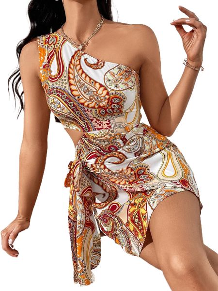 

paisley one shoulder dress d5d5#, Black;gray