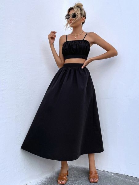 

solid shirred crop cami & skirt y391#, White