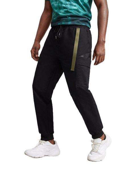 

men contrast tape drawstring waist pants 57s5#, Black