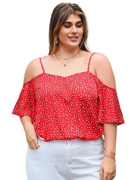 

plus polka dot cold shoulder blouse 48pc#, Black