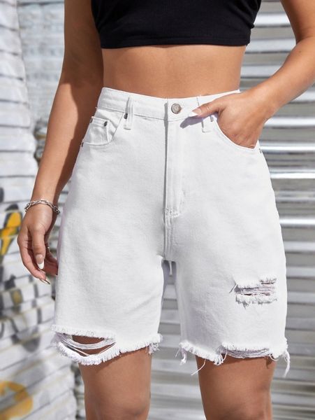 

high waist ripped frayed raw hem denim shorts i1ev#, White;black