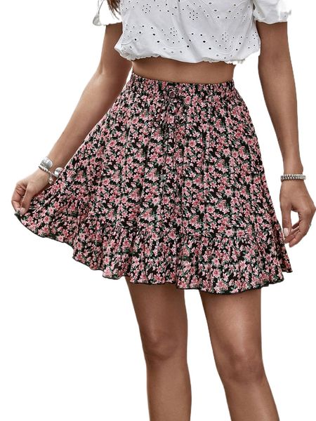 

ditsy floral knot waist ruffle hem skirt n9k8#, Black