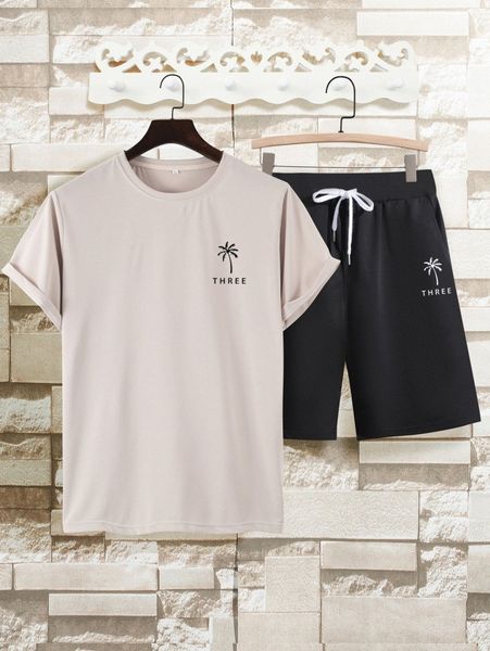 

men palm tree & letter graphic tee & drawstring waist shorts 34mn#, Gray