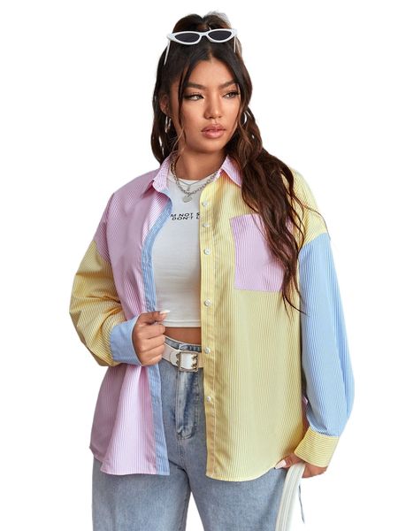 

plus striped print drop shoulder shirt v1ps#, Black