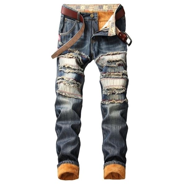 

denim keep warm designer hole jeans men ripped for men size 38 40 2020 autumn winter plus velvet hip hop streetwear lj200911, Blue