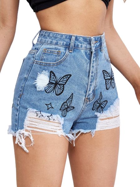 

butterfly print ripped frayed raw hem denim shorts j3io#, White;black
