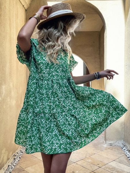 

ditsy floral print batwing sleeve ruffle hem dress m33c#, Black;gray