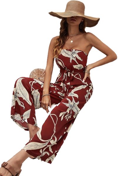 

botanical print wide leg belted tube jumpsuit z2fg#, Black;white