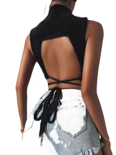 

criss-cross tie backless fuzzy knit r1k9#, White;black
