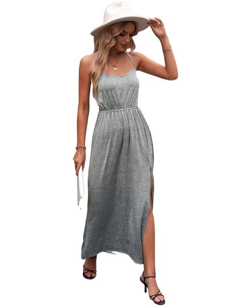 

tie back split thigh maxi halter dress b5ab#, Black;gray