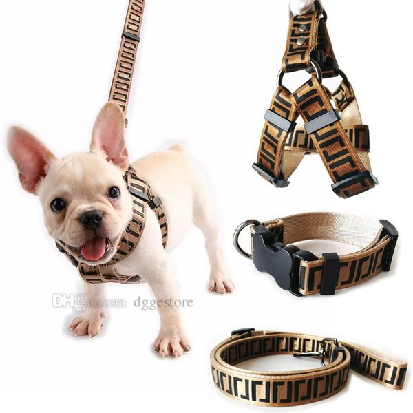 Tasarımcı Köpek Tasması ve Tasmalar Seti Klasik Harf Desenli Köpek Harness Tasma Naylon Küçük Orta Büyük Köpekler için Pet Tasmalar Zinciri Bulldog Kaniş Dachshund Kahverengi B34