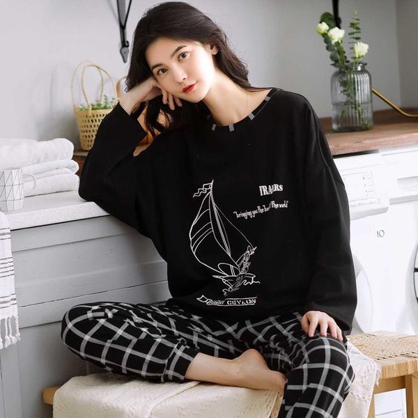 

large size pajamas women sleepwear spring autumn long-sleeved printed girl cute cartoon sleep casual home clothes suit, Black;red