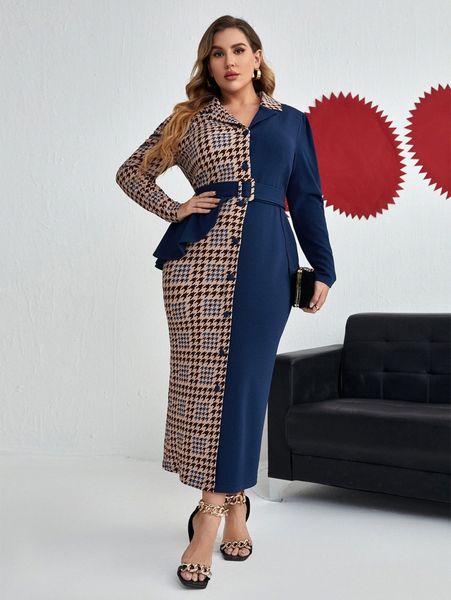 

plus houndstooth ruffle trim puff sleeve belted dress j6sh#, Black