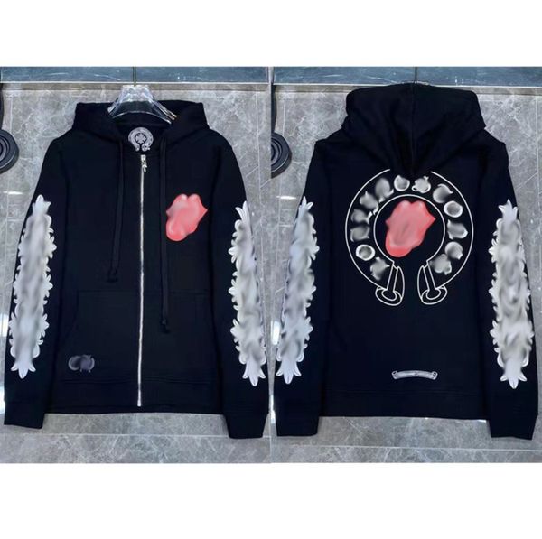 

mens loose brand sweatshirts classic ch designer hoodie horseshoe sanskrit print luxury zipper jacket pullover hooded coat fashion women sw, Black