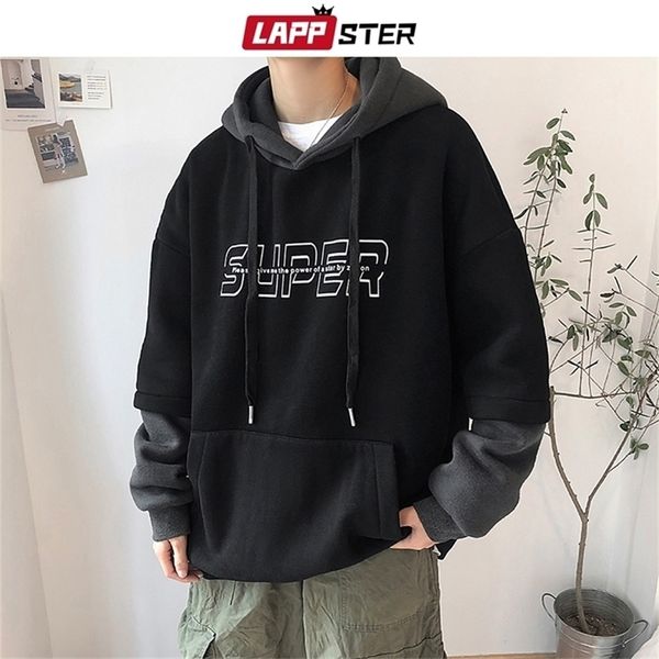 

lappster men patchwork hooded hoodies mens korean fashions fake two pieces sweatshirts male black letter hip hop clothing 201126