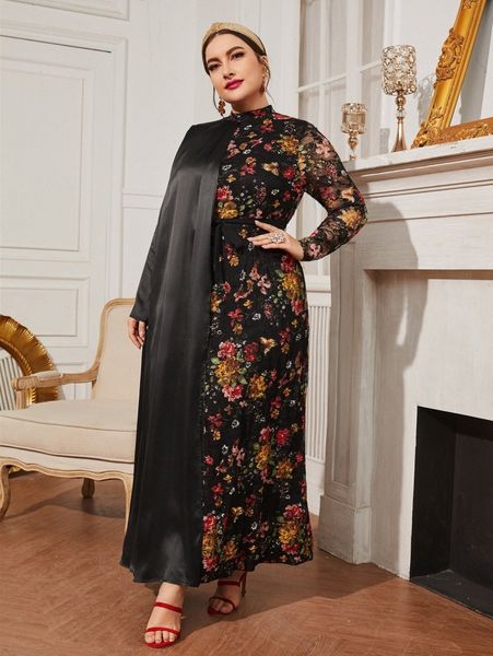 

plus floral print mock neck belted lace dress u0br#, Black