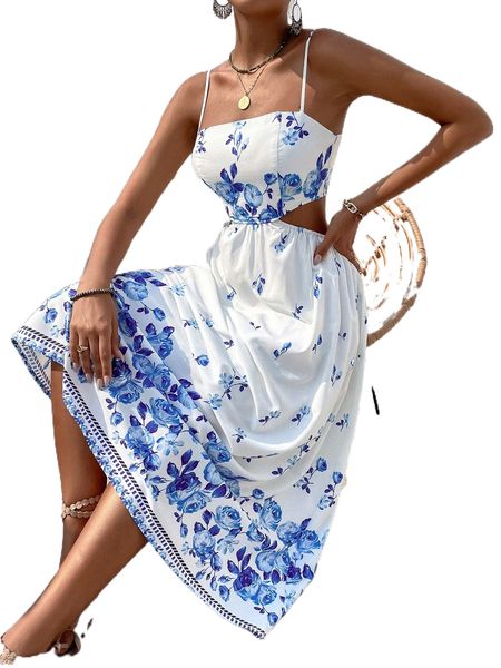 

floral print cut out lace up cami dress 80fk#, Black;gray