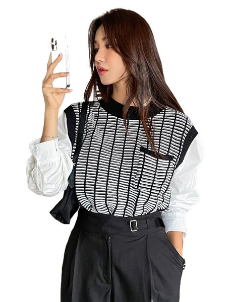 

dazy stripe pattern patched pocket 2 in 1 sweater v5bh#, White;black