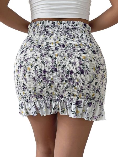 

ditsy floral shirred frill trim skirt j7sy#, Black