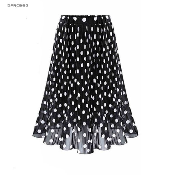 

4xl 5xl plus size pleated chiffon skirt for woman summer elastic waist polka dot print beach skirts femme saia midi y200326, Black