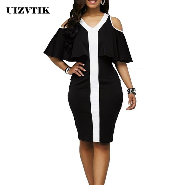 

summer dres casual plus size slim ol office bodycon dresses elegant v neck off shoulder ruffles party dress 5xl y200418, Black;pink