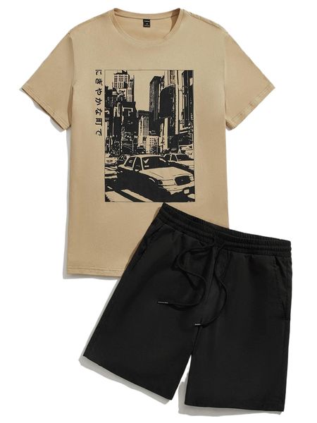 

men car & japanese letter graphic tee & drawstring waist shorts k4vx#, Gray