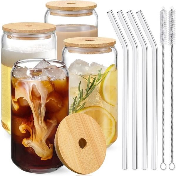 16 Unzen Sublimation Glas Bierkrüge Dosenförmige Tassen Tumbler Trinkgläser mit Bambusdeckel und wiederverwendbarem Strohhalm Großhandel