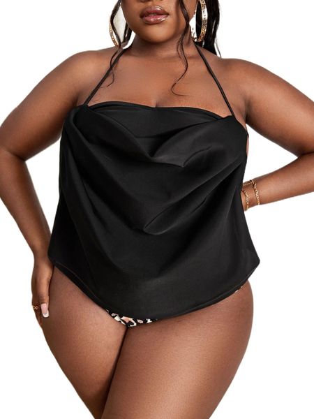 

plus draped crisscross tie backless halter bikini l5fw#, Black