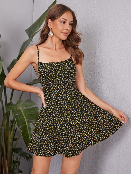 

lace up ditsy floral dress e9lx#, Black;gray