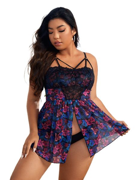 

plus floral print mesh lace panel peplum slips without liner i0ri#, Black;white