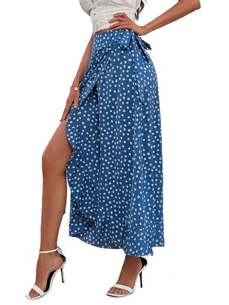 

high waist ditsy floral ruffle trim wrap knot side skirt b4yn#, Black