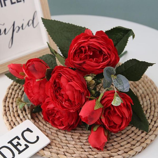 Dekorative Blumenkränze, künstliche Rose, rosa Seidenstrauß, Pfingstrose, künstlich, 5 große Köpfe, 4 kleine Knospen, Braut, Hochzeit, Heimdekoration, dekorativ