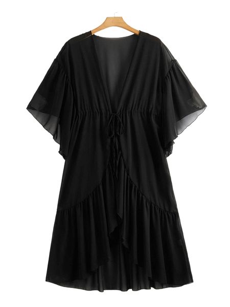 

plus chiffon drawstring waist ruffle trim kimono d519#, Black;gray