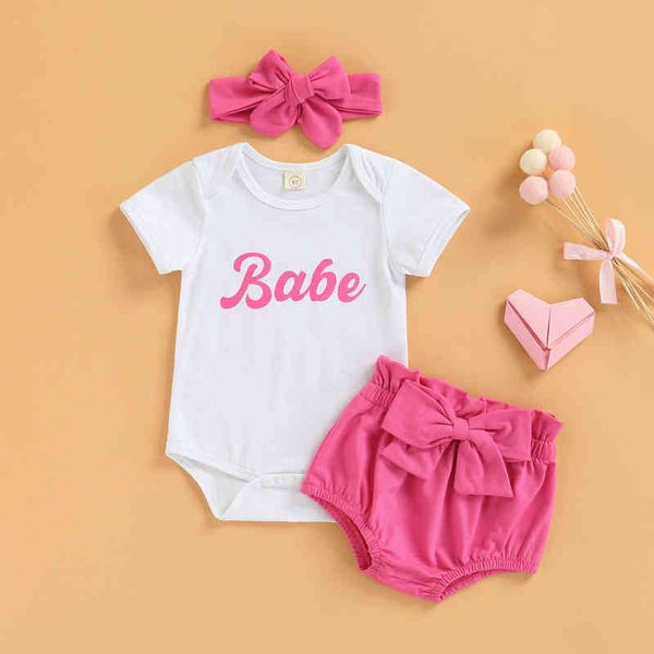 

citgeett summer infant baby girls casual outfits letter print short sleeve romper solid color shorts bow headband clothes j220711, White