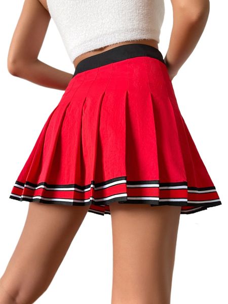 

high waist striped trim pleated skirt 08hv#, Black