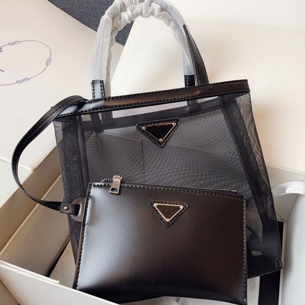 

gauze tote bag women handbag purse shoulder bags genuine leather clear mesh patchwork removable wallet lady totes large capacity shopping ba