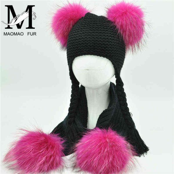 Kids Winter Hat and Scondf Set Children Luxury Big Hairball Warm Bochet Feanie Conjunto Real Raccoon Fur Pom Hat and Scarf Set J220722