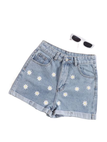 

roll hem floral print denim shorts 90lo#, White;black
