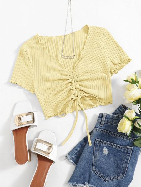 

lettuce trim drawstring ruched front crop tee z5m2#, White