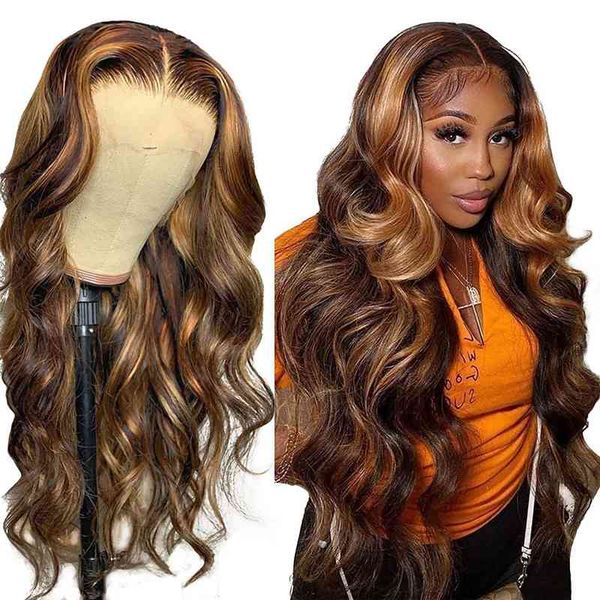 

synthetic front blonde long body wave 13x1 lace wigs for black women t part heat ristant fiber hair wig, Golden;white