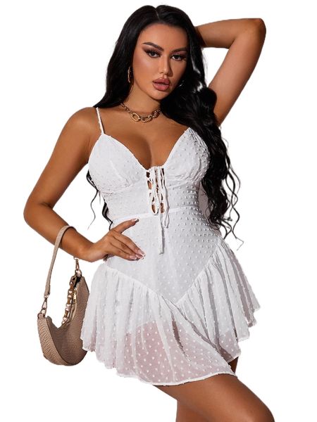 

sxy swiss dot tie front ruffle hem cami dress c6wq#, Black;gray