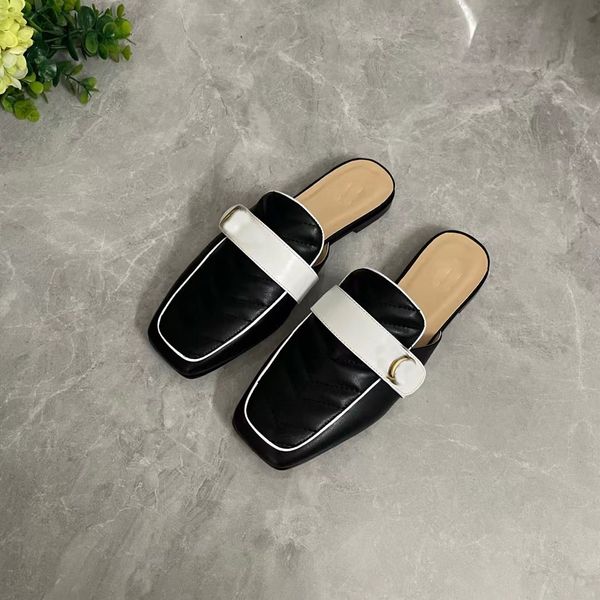 

2022 new women casual closed toe slippers lady fashion flat soft leather slides girls outdoor summer holiday beach luxury design shoe black