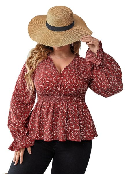 

plus ditsy floral print flounce sleeve shirred blouse 9703#, Black