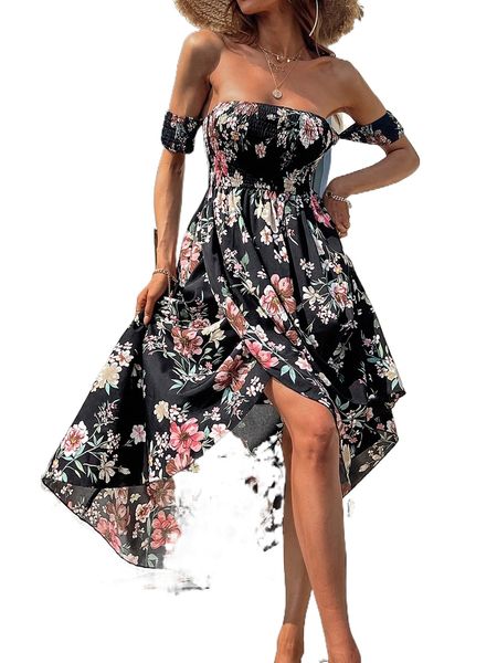 

floral print off shoulder shirred wrap hem dress o0d5#, Black;gray